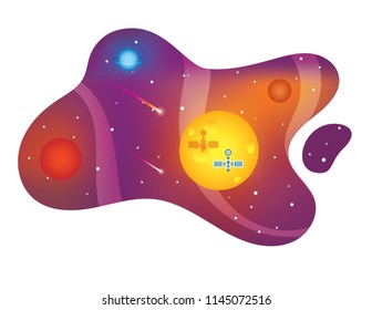 Vector colorful illustration of galaxy with planets, stars and asteroids. Illustration for Print on fabric or wallpaper with universe and cosmos elements, Constellation, sun, space, and comets