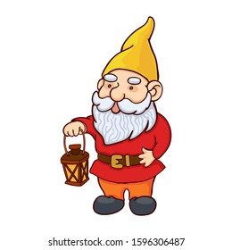 Vector colorful illustration of garden gnome with holding lantern. Cute fairytale character