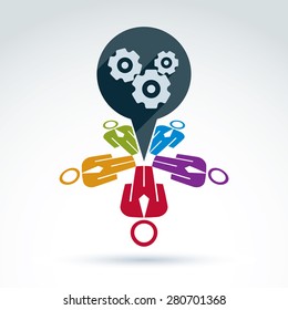 Vector colorful illustration of gears, business strategy concept. Cog-wheels and people, components of manufacturing process.  International conference on management, speech bubble.