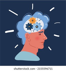 Vector colorful illustration of Gears in head over dark backround