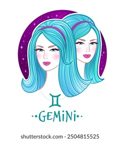 Vektorgrafik bunte Illustration von Gemini Tierkreiszeichen weibliches Porträt mit Sternenhimmel Hintergrund