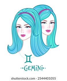 Vector colorful illustration of Gemini zodiac sign female portrait