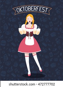 Vector colorful illustration of german full length girl waitress in traditional clothes holding yellow beer mugs, ribbon, text on dark pattern background. Oktoberfest festival and greeting design