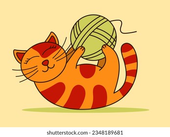 Vector colorful illustration of a ginger cat that plays with a ball of thread. A very playful cat. Suitable for stickers, clothes print, holiday cards