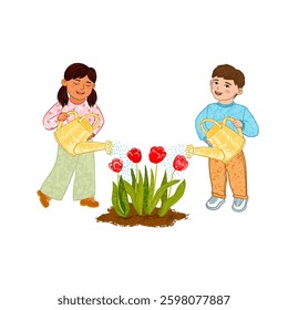 Vector Colorful Illustration of Girl and Boy Waters Tulips From a Watering Can Isolated on White Background