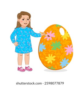 Vector Colorful Illustration of Girl Decorates an Easter Egg Isolated on White Background