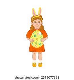 Vector Colorful Illustration of Girl Holds a Big Easter Egg Isolated on White Background