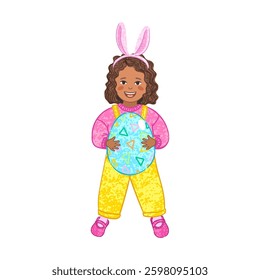 Vector Colorful Illustration of Girl Holds a Big Easter Egg Isolated on White Background