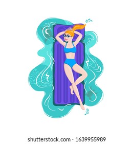 Vector colorful illustration with girl on the inflatable mattress. Cartoon young woman in a swimwear. Illustration on the theme of summer, sea and relaxation