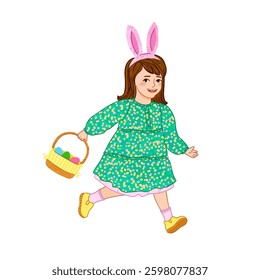 Vector Colorful Illustration of Girl Runs with an Easter Egg Basket Isolated on White Background