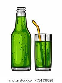 Vector colorful illustration glass of soda with straw and glass bottle filled with green beverage. Glass bottle of soda and glass of soda, isolated on white background. Sparkling water, drink 1.1