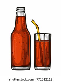 Vector colorful illustration glass of soda with straw and glass bottle filled with red beverage. Glass bottle of soda and glass of soda, isolated on white background. Sparkling water, drink 1.1