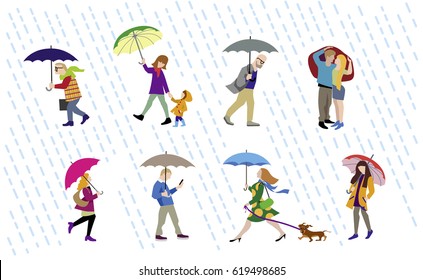 Vector colorful illustration of going people in rainy day. Character set.