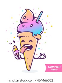 Vector colorful illustration of gradient character ice cream with hands eating small ice cream on white background with dots. Funny ice cream. Flat style hand drawn line art design of ice cream poster