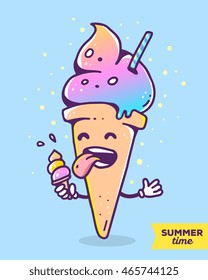 Vector colorful illustration of gradient character ice cream with hands eating small ice cream on blue background with dots. Funny ice cream. Flat style hand drawn line art ice cream design of poster