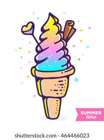 Vector colorful illustration of gradient ice cream with chocolate, heart on white background with dots. Summer time concept. Flat style hand drawn line art design of ice cream for card, poster