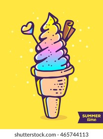 Vector colorful illustration of gradient ice cream with chocolate, heart on yellow background with dots. Summer time concept. Flat style hand drawn line art design of ice cream for card, poster