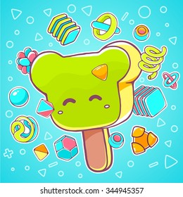 Vector colorful illustration of green ice cream bear on blue background with abstract elements. Hand draw line art design for web, site, advertising, banner, poster, board, brochure and print.