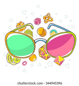 Vector colorful illustration of green and red sunglasses on white background with abstract elements. Hand draw line art design for web, site, advertising, banner, poster, board, brochure and print.