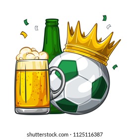 Vector colorful illustration of green soccer ball in golden crown with beer. Soccer ball with glass of light beer and green bottle. Champion 1.1