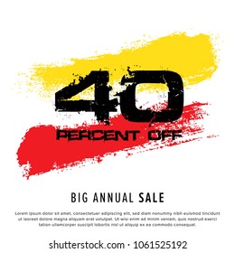 Vector colorful illustration. Grunge poster with big inscription - 40 percent off, big annual sale. Yellow, red, black, white background. Advertising of season sale. Promo image with shopping offer.