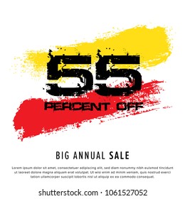 Vector colorful illustration. Grunge poster with big inscription - 55 percent off, big annual sale. Yellow, red, black, white background. Advertising of season sale. Promo image with shopping offer.
