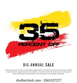 Vector colorful illustration. Grunge poster with big inscription - 35 percent off, big annual sale. Yellow, red, black, white background. Advertising of season sale. Promo image with shopping offer.