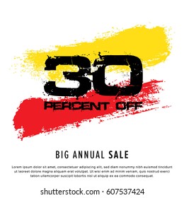 Vector colorful illustration. Grunge poster with big inscription - 30 percent off, big annual sale. Yellow, red, black, white background. Advertising of season sale. Promo image with shopping offer.