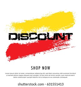 Vector colorful illustration. Grunge poster with big inscription - discount, shop now. Yellow, red, black, white background. Advertising of season sale. Concept of promo image with shopping offer.