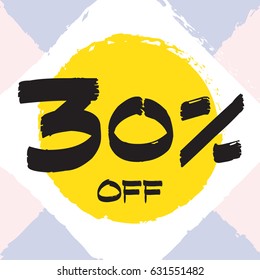 Vector colorful illustration. Grunge poster with big inscription - 30 percent off. Yellow, red, black, white background. Advertising of season sale. Promo image with shopping offer.