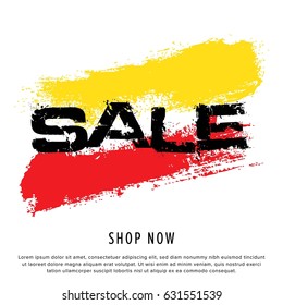 Vector colorful illustration. Grunge poster with big inscription - sale, shop now. Yellow, red, black, white background. Advertising of season sale. Promo image with shopping offer.