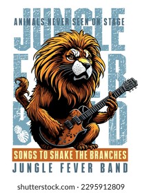 Vector colorful illustration of guitarist in lion-monkey mix. Artwork in cartoon style. Design for printing on t-shirts, posters and etc.