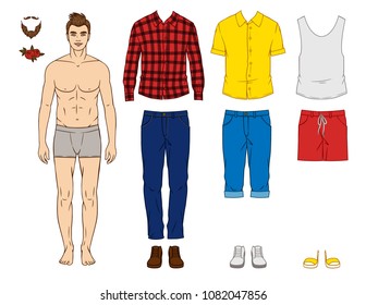 Dibujo vectorial colorido de un tipo con ropa para la primavera y el verano aislado de fondo blanco. Equipo casual elegante para hombres