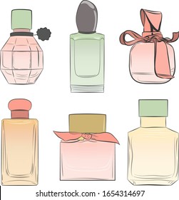 Vector colorful illustration. Hand drawing sketch. Isolated. Different bottles of perfume of various forms. Colored with gradient. Gold, rose, green, yellow, gray.