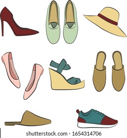 Vector Colorful Illustration. Hand Drawing Sketch. Isolated. Fashion Things. Different Shoes. Ballet Shoes, Wedge Sandals, Sneakers, Clogs, Classic Women's Shoes, Hat. Red, Rose, Green, Gold, Yellow.