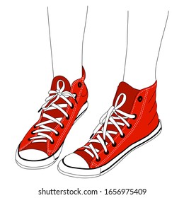 Vector colorful illustration of hand drawn legs in red sneakers isolated on white background