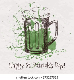 Vector colorful illustration of hand drawn sketch of beer mug for St. Patrick's Day with green watercolor splash