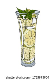 Vector Colorful Illustration Of The Hand Drawn Glass Of Homemade Lemonade Isolated On White Background