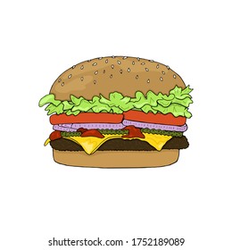 Vector colorful illustration of hand drawn hamburger isolated on white background