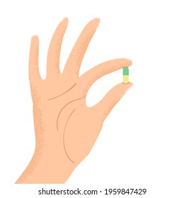 Vector colorful illustration of hand holds a pill isolated on white background. Medical drugs and vitamin concept.