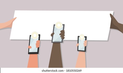 Imagen vectorial colorida de manos arriba con luces de teléfonos móviles. Dos manos con una pancarta de protesta y un espacio para copiar. Diferentes razas de personas.