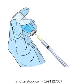 Vector colorful illustration of hands wearing surgical gloves and holding syringe with vaccine isolated on white background. Doctor filling the syringe with medication.Concept of successful treatment 