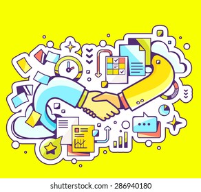 Vector colorful illustration of handshake with documents and graphs on yellow background. Hand draw line art design for web, site, advertising, banner, poster, board and print. 