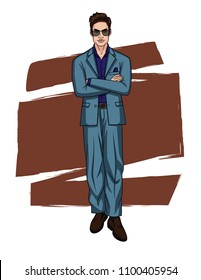 Vector colorful illustration of handsome guy in office suit isolated from white background. Stylish man standing in front with crossed arms on his chest and waiting for something