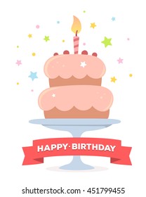 Vector colorful illustration. Happy birthday template poster with pink cake, one candle, text on white background. Congratulation and celebration message. Flat style hand drawn design of greeting card