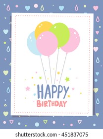 Vector colorful illustration. Happy birthday template poster with bunch of balloons, stars, text on white background. Congratulation and celebration message. Flat style design for greeting card