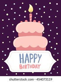 Vector colorful illustration. Happy birthday template poster with pink cake with one candle, frame, text on dark background. Congratulation message. Flat style hand drawn design for greeting card