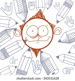 Vector colorful illustration of happy cartoon boy isolated on background with hand drawn design elements, pencils and victory hand signs. Facial expressions on teenager face. 