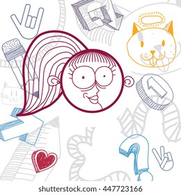 Vector colorful illustration of happy content cartoon girl isolated on special background with hand drawn design elements, social interaction idea. Facial expressions on woman face. 