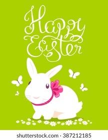 Vector colorful illustration of Happy Easter greetings with white bunny on green background. Line art design for web, site, banner, poster, card, paper print, postcard.
